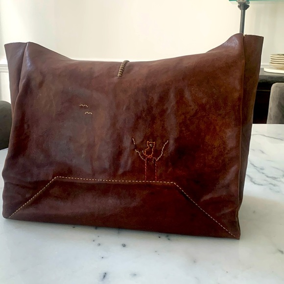 henry cuir Handbags - Henry Cuir Tote Embroidered Brown cow Hyde Leather Rustic Bohemian